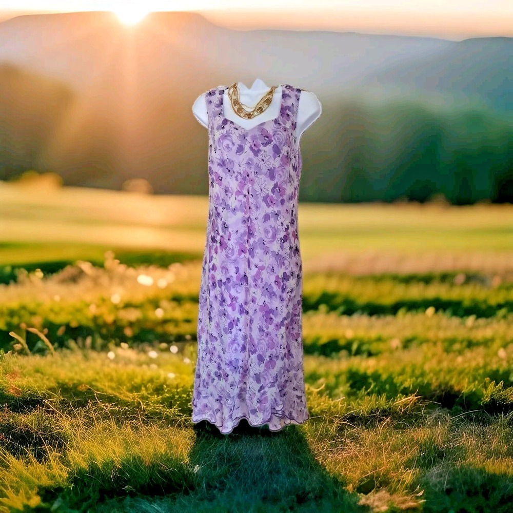 Dressbarn Dress Size 12 Lavender Floral Chiffon Sleeveless Midi Spring Easter